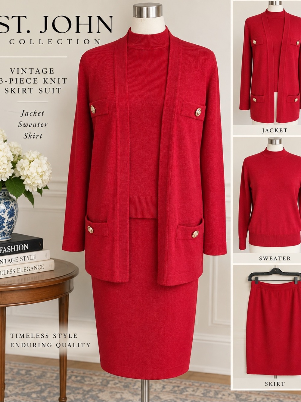 Vintage St. John Collection 3-Piece Red Knit Skirt Suit – Size L
